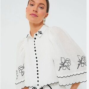 JOSLIN Gabriella Floral-Embroidered Seersucker Shirt